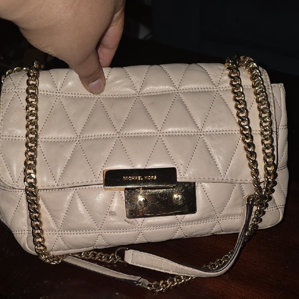 Michael Kors Beige Quilted Shoulder Bag with Gold Chain